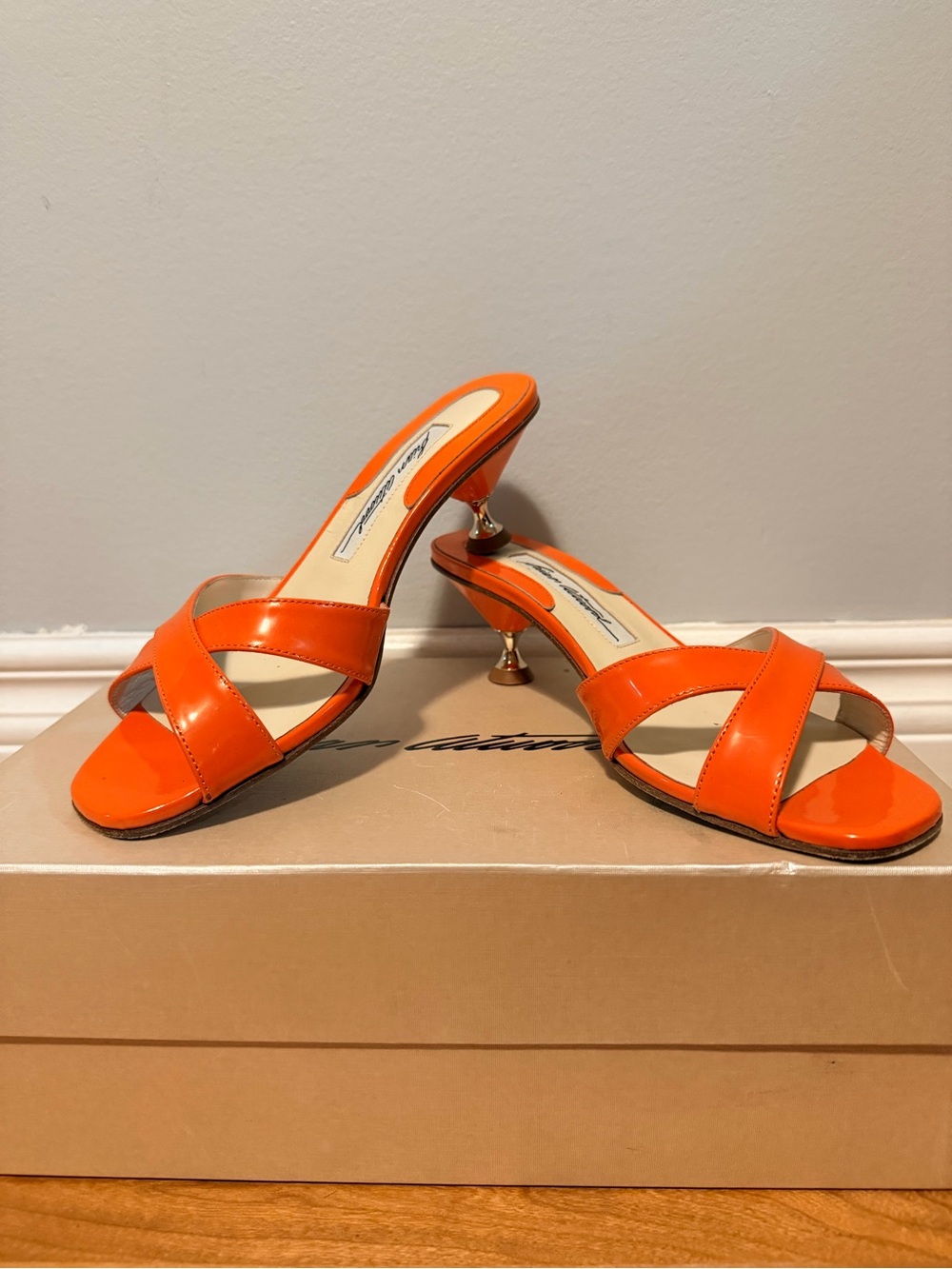 Orange Patent Leather Cross-Strap Mule Heels